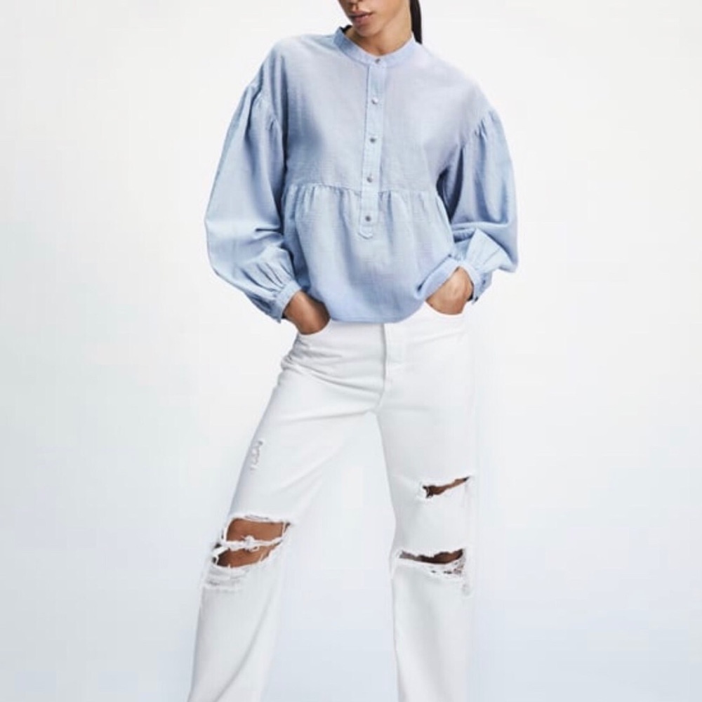 Zara Swiss Dot Blouse Long Sleeve Light Blue Size Large 8574 025 406